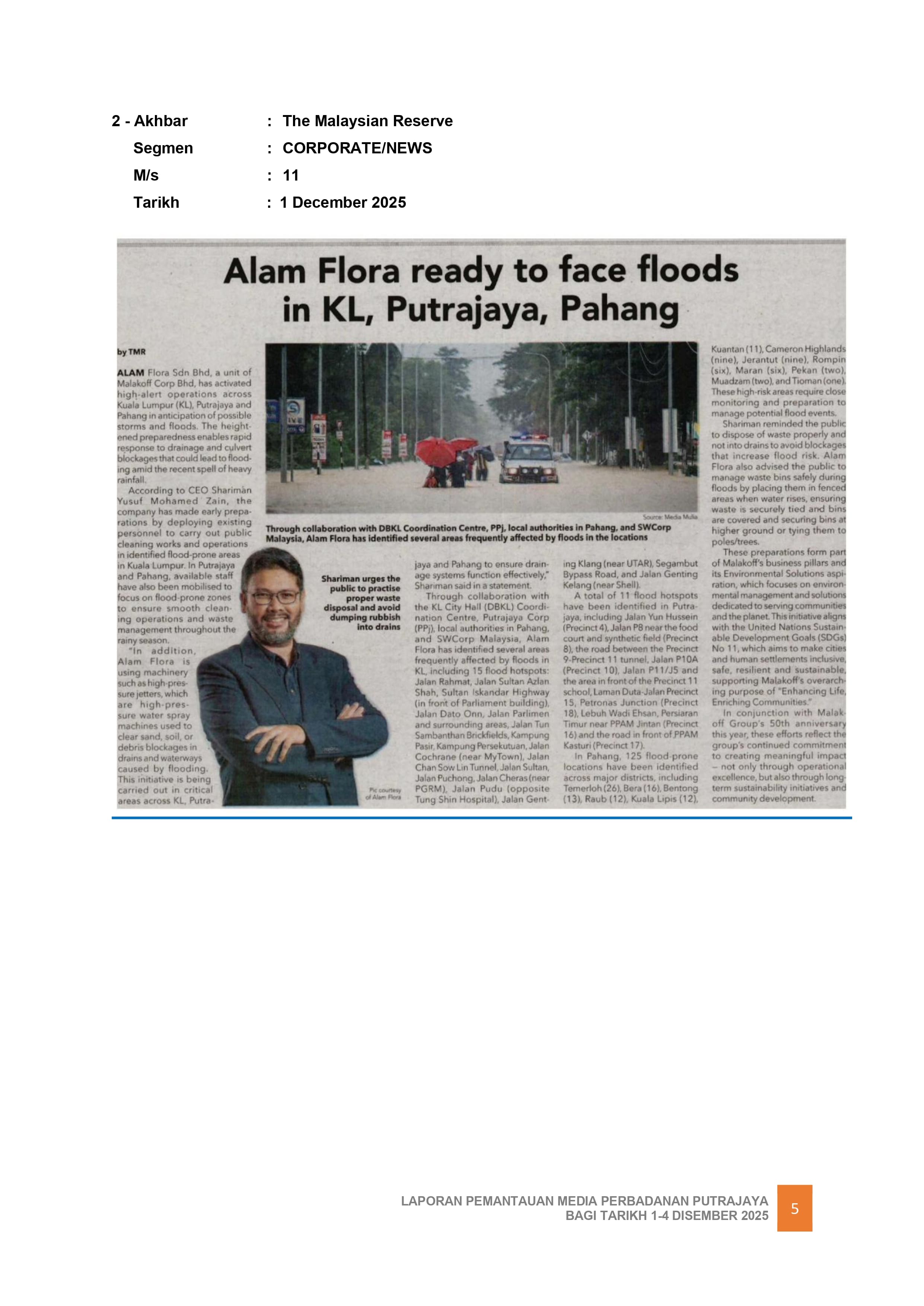 ALAM FLORA READY TO FACE FLOODS IN KL, PUTRAJAYA, PAHANG