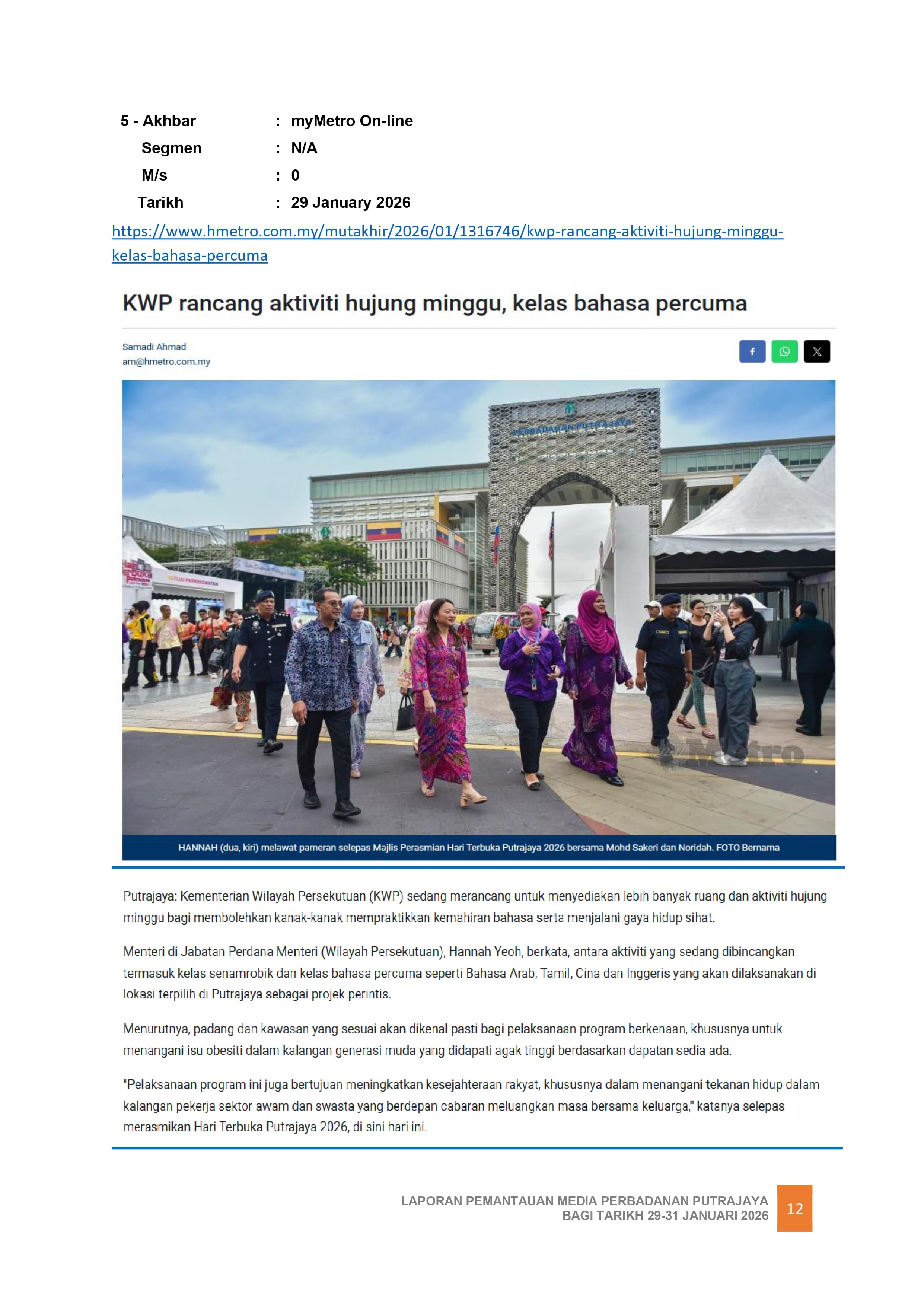 KWP RANCANGA AKTIVITI HUJUNG MINGGU, KELAS BAHASA PERCUMA