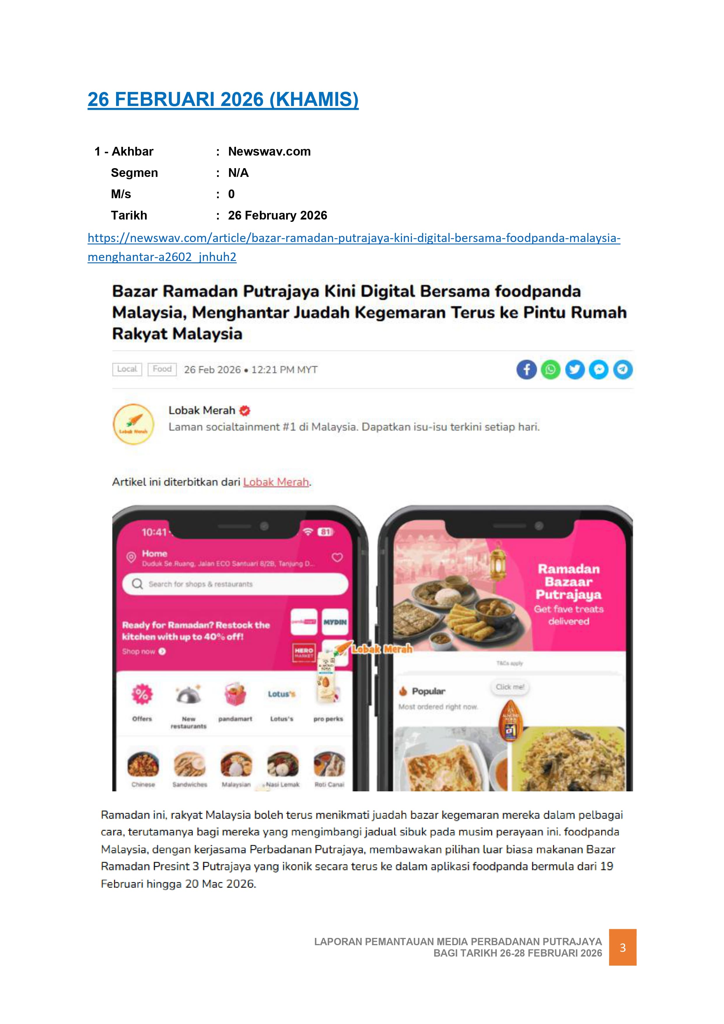 BAZAR RAMADAN PUTRAJAYA KINI DIGITAL BERSAMA FOOPANDA MALAYSIA, MENGHANTAR JUADAH KEGEMARAN TERUS KE PINTU RUMAH RAKYAT MALAYSIA