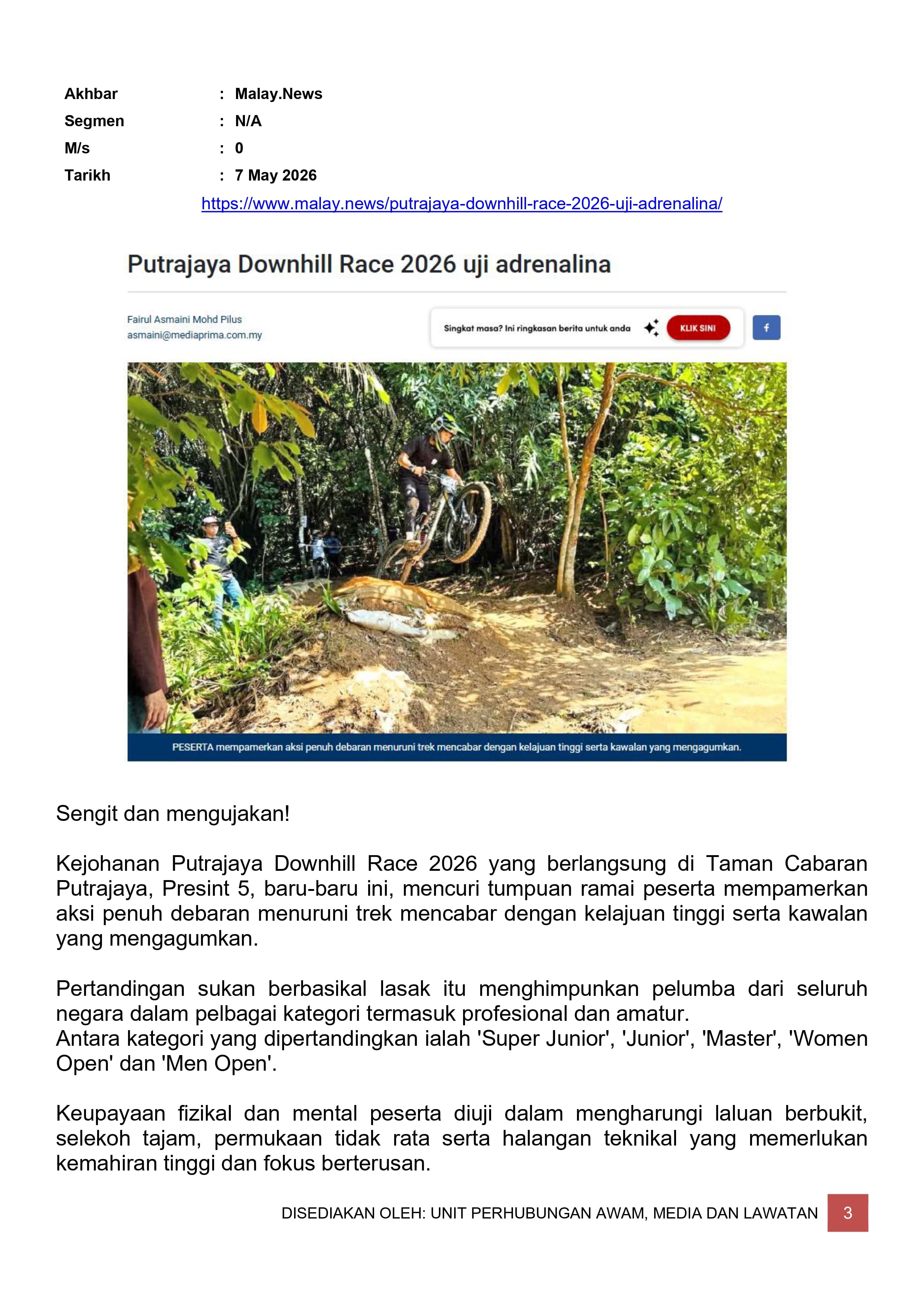 PUTRAJAYA DOWNHILL RACE 2026 UJI ADRENALINA