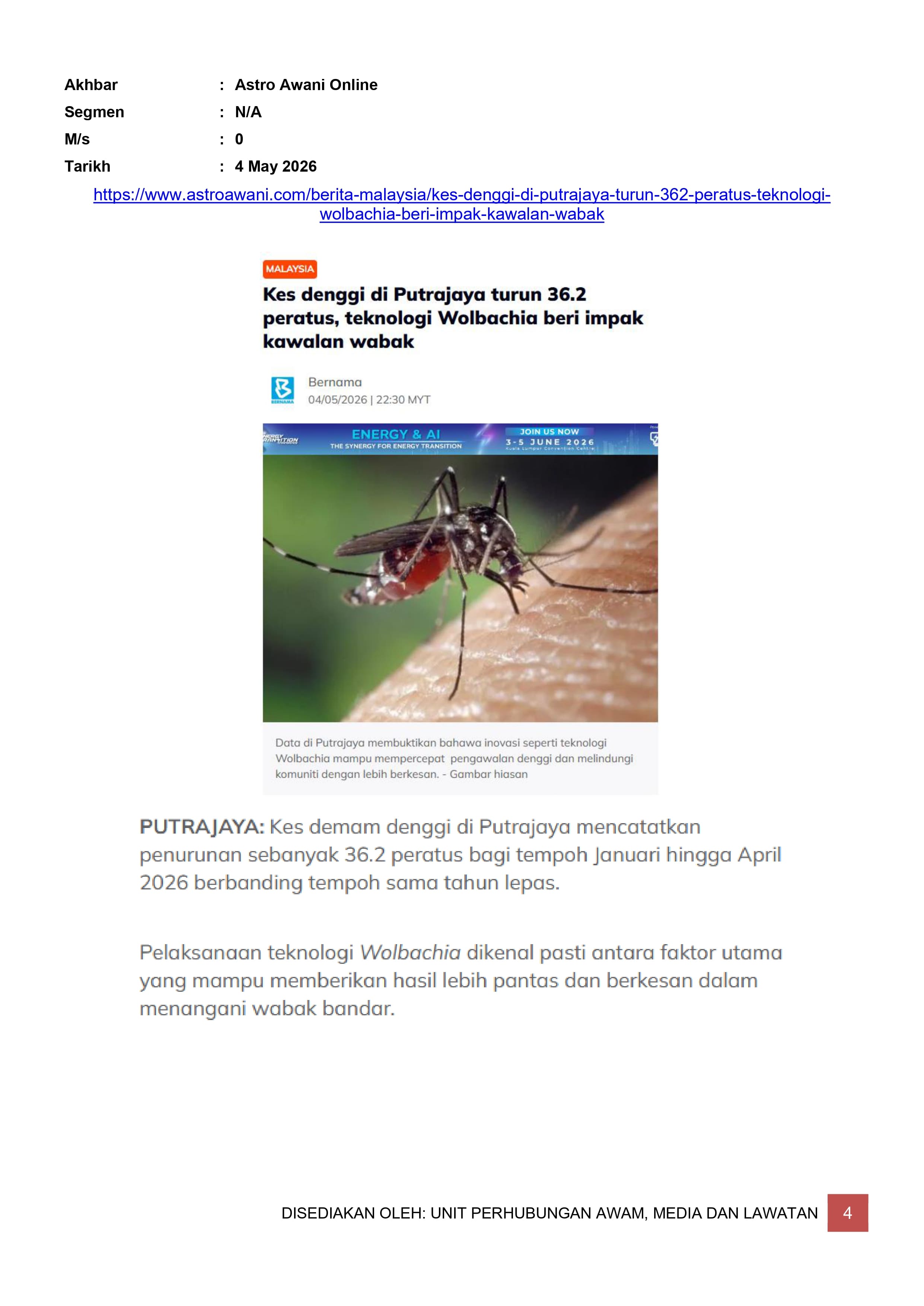 KES DENGGI DI PUTRAJAYA TURUN 36.2 PERATUS, TEKNOLOGI WOLBACHIA BERI IMPAK KAWALAN WABAK