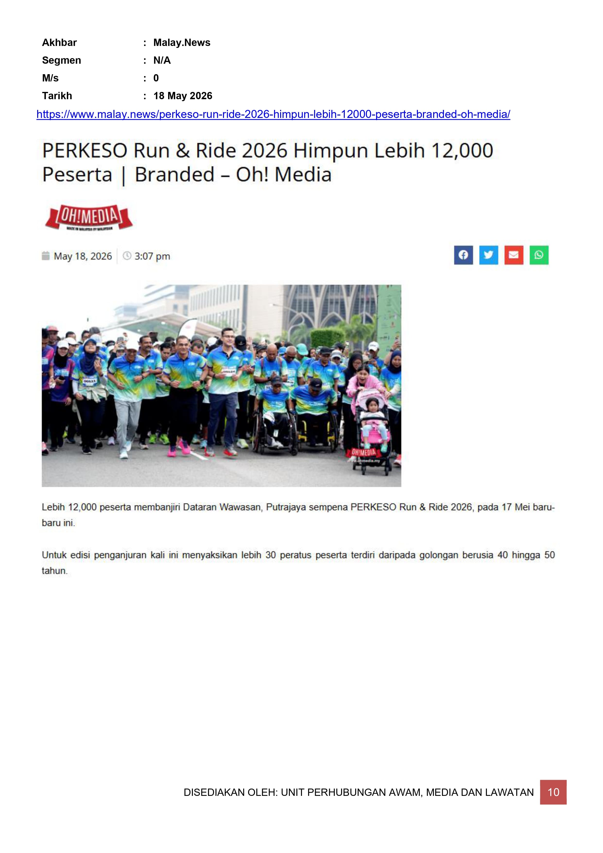 PERKESO RUN & RIDE 2026 HIMPUN LEBIH 12,000 PESERTA