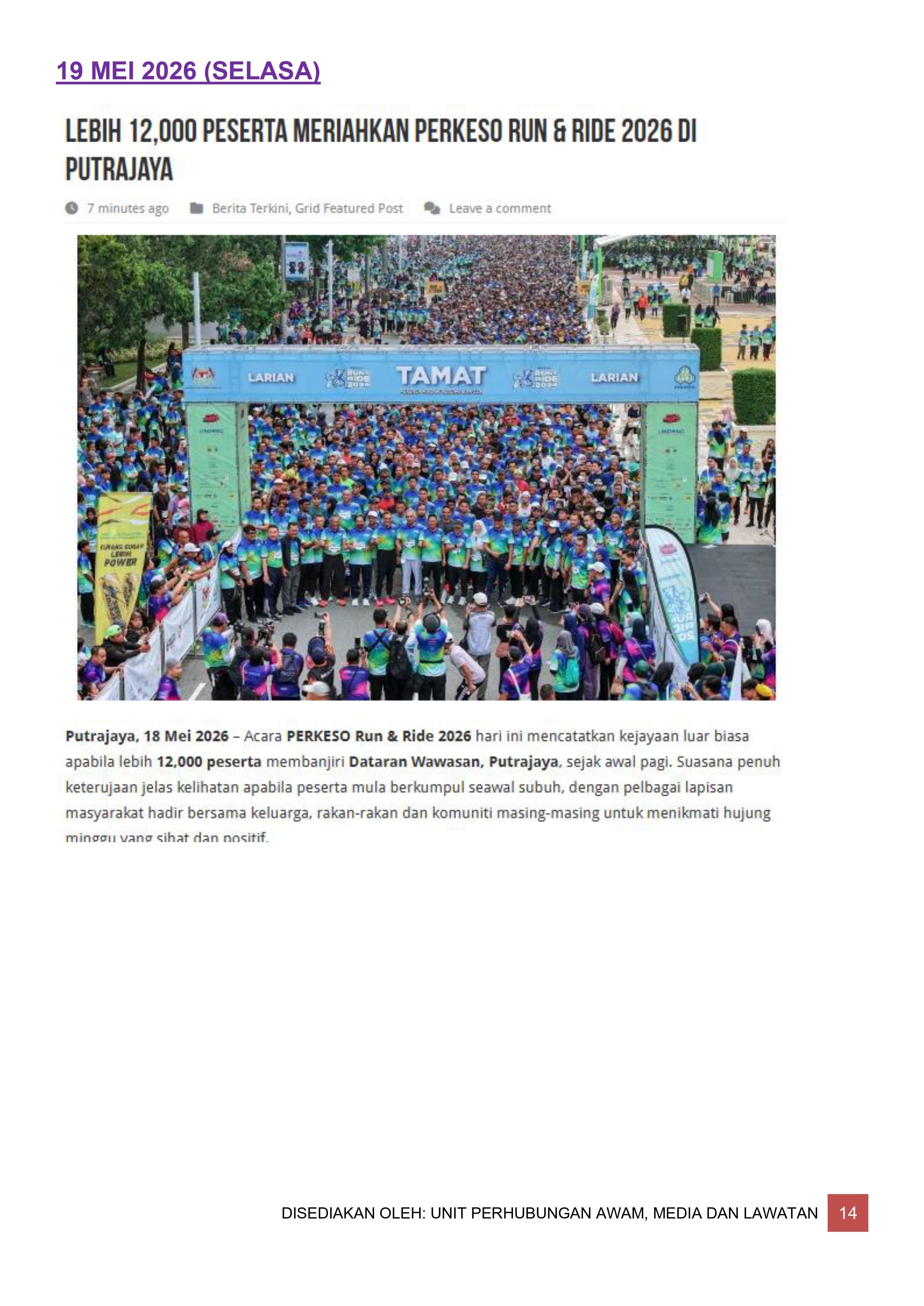LEBIH 12,000 PESERTA MERIAHKAN PERKESO RUN & RIDE DI PUTRAJAYA