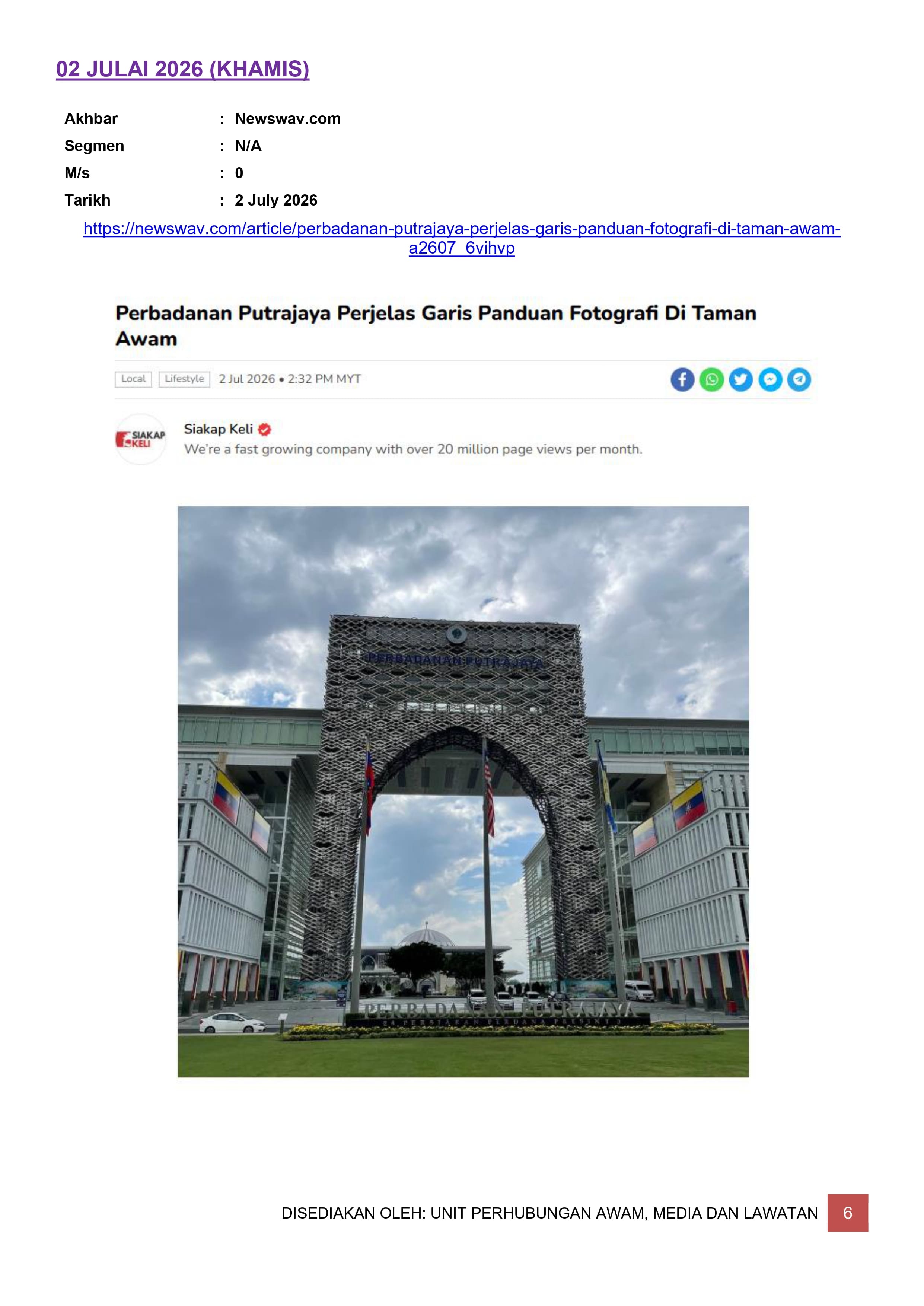 PERBADANAN PUTRAJAYA PERJELAS GARIS PANDUAN FOTOGRAFI DI TAMAN AWAM